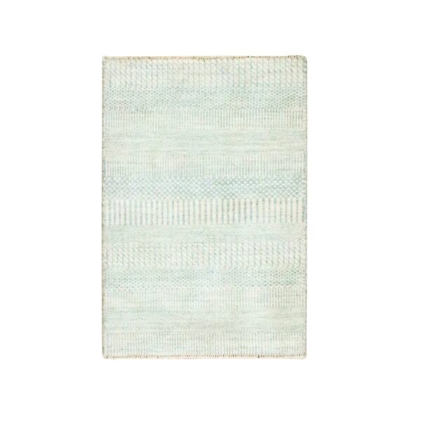 2'x3' Beige-Gray, Hand Knotted, Modern Grass Design, Wool with touch of Silk, Tone on Tone, Lush and Plush, Mat, Sample, Oriental Rug HR76646