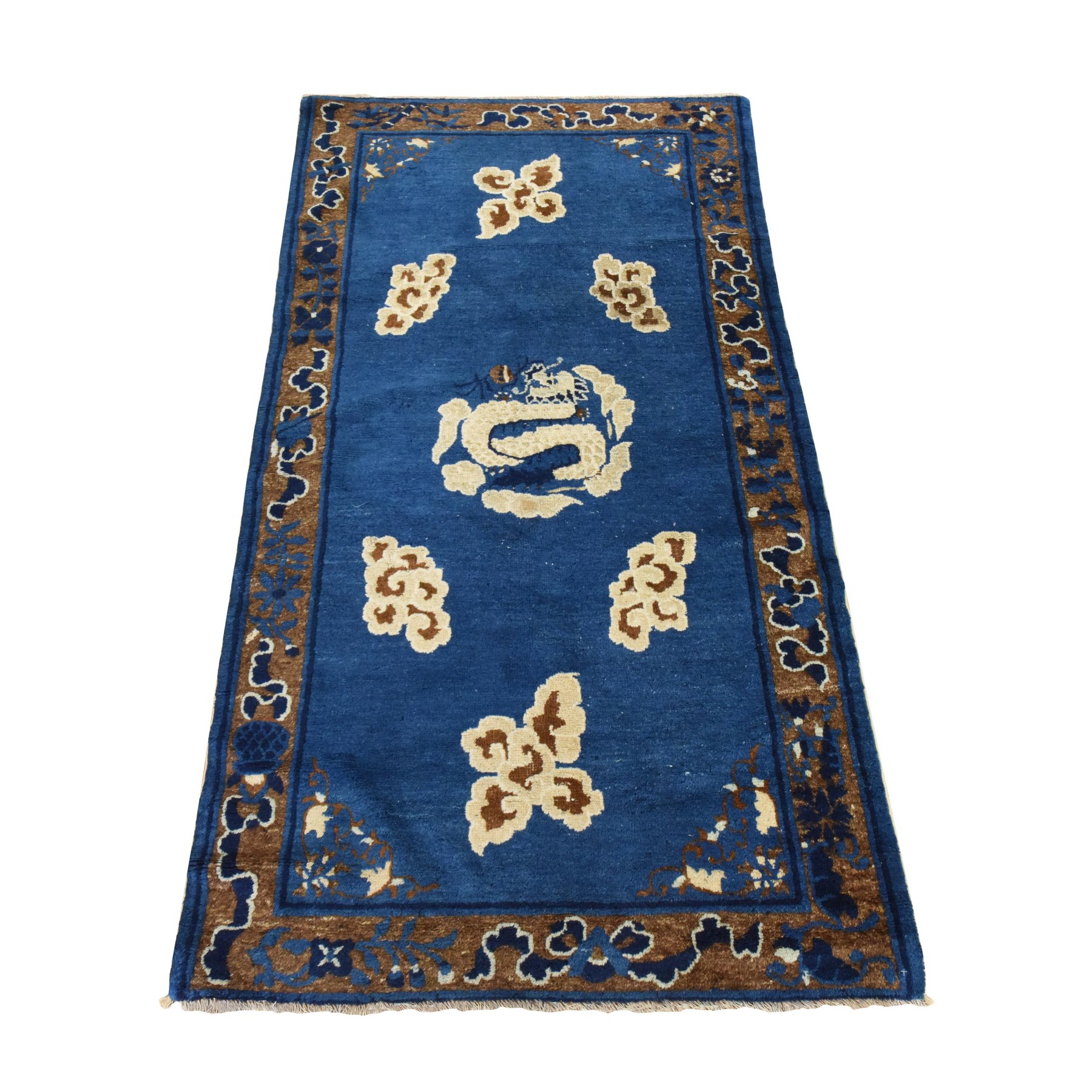 3'x5'6" Imperial Blue, Antique Chinese Peking with a Dragon Center Medallion, Good Condition and Clean, Full Pile and Soft, 100% Wool, Hand Knotted, Oriental Rug HR78478