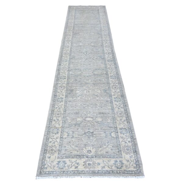 2'8"x11'10" Lazy Gray, Extra Soft Wool Hand Knotted Finer Peshawar Heriz Sickle Leaf Design, Densely Woven, Natural Dyes, Oriental Runner Rug HR88536
