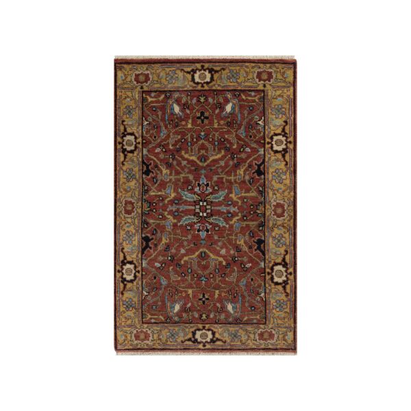 2'1"x3'3" Chili Red, Hand Knotted, Antiqued Fine Heriz Re-Creation with All Over Vines Design, Hand Spun New Zealand Wool, Vegetable Dyes, Mat, Sample, Oriental Rug HR91484