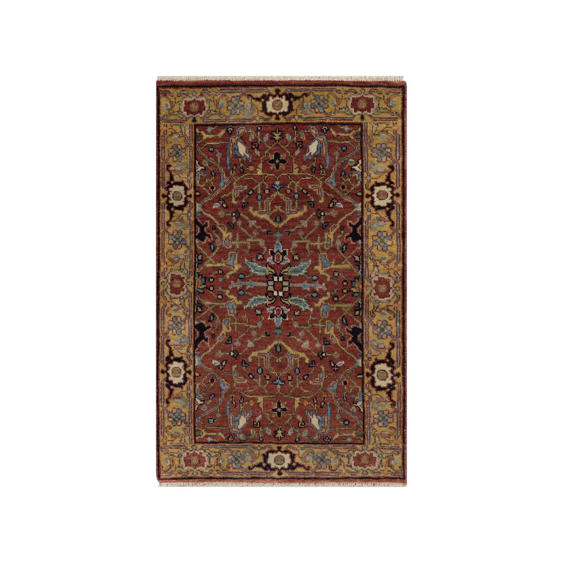 2'1"x3'3" Chili Red, Hand Knotted, Antiqued Fine Heriz Re-Creation with All Over Vines Design, Hand Spun New Zealand Wool, Vegetable Dyes, Mat, Sample, Oriental Rug HR91484