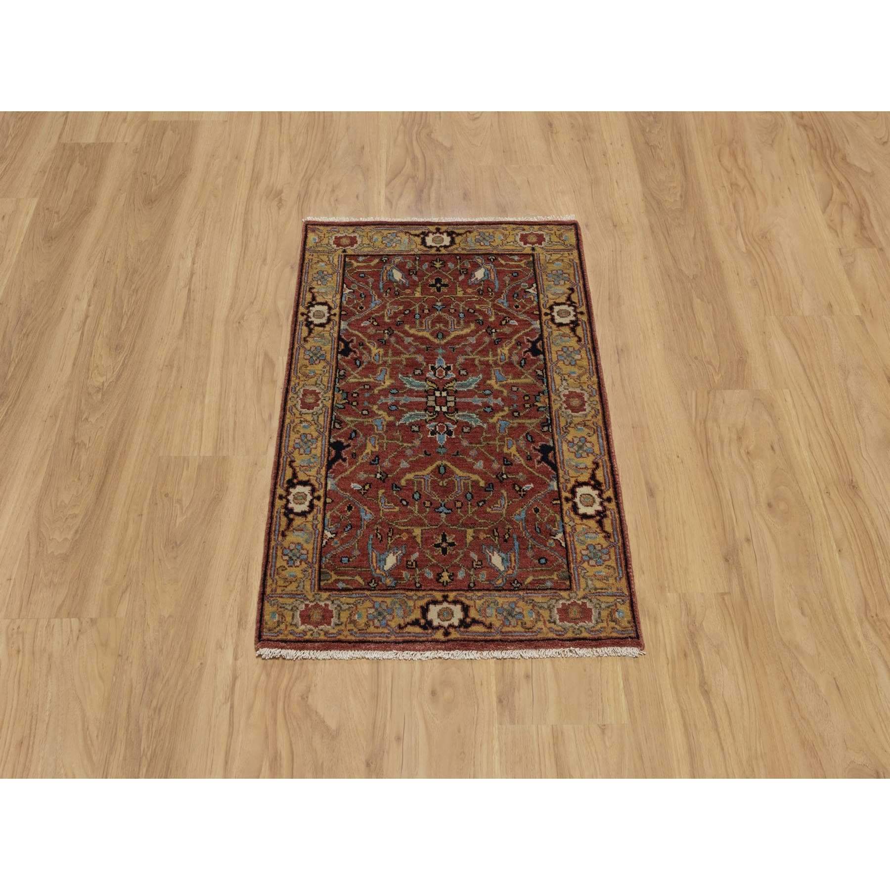 2'1"x3'3" Chili Red, Hand Knotted, Antiqued Fine Heriz Re-Creation with All Over Vines Design, Hand Spun New Zealand Wool, Vegetable Dyes, Mat, Sample, Oriental Rug HR91484 - Image 2