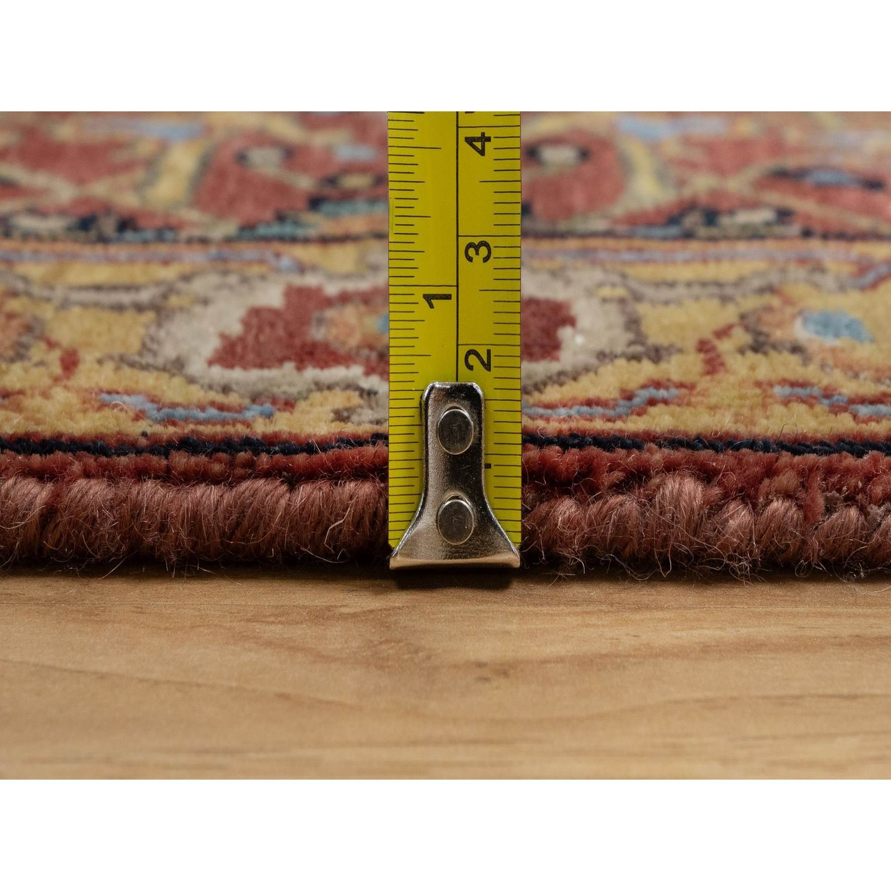 2'1"x3'3" Chili Red, Hand Knotted, Antiqued Fine Heriz Re-Creation with All Over Vines Design, Hand Spun New Zealand Wool, Vegetable Dyes, Mat, Sample, Oriental Rug HR91484 - Image 7