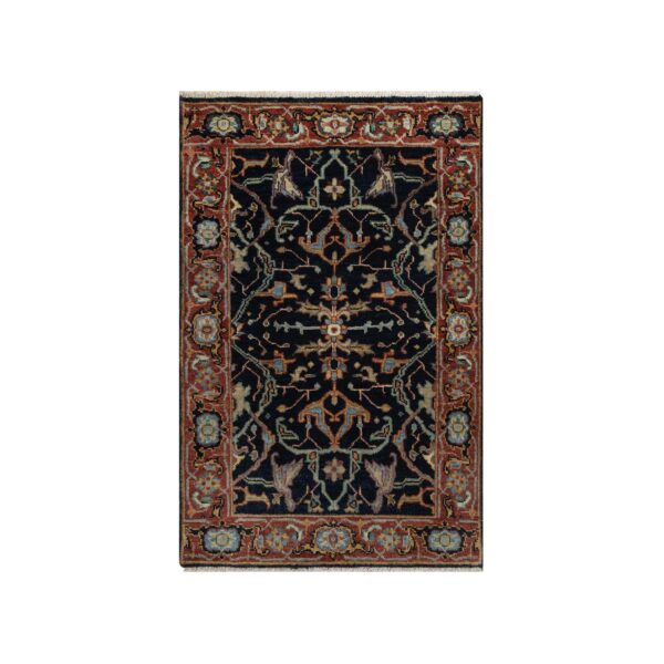 2'x3'2" Midnight Blue, Antiqued Fine Heriz Re-Creation with All Over Vines Design, Hand Knotted, Hand Spun New Zealand Wool, Vegetable Dyes, Mat, Sample, Oriental Rug HR91486