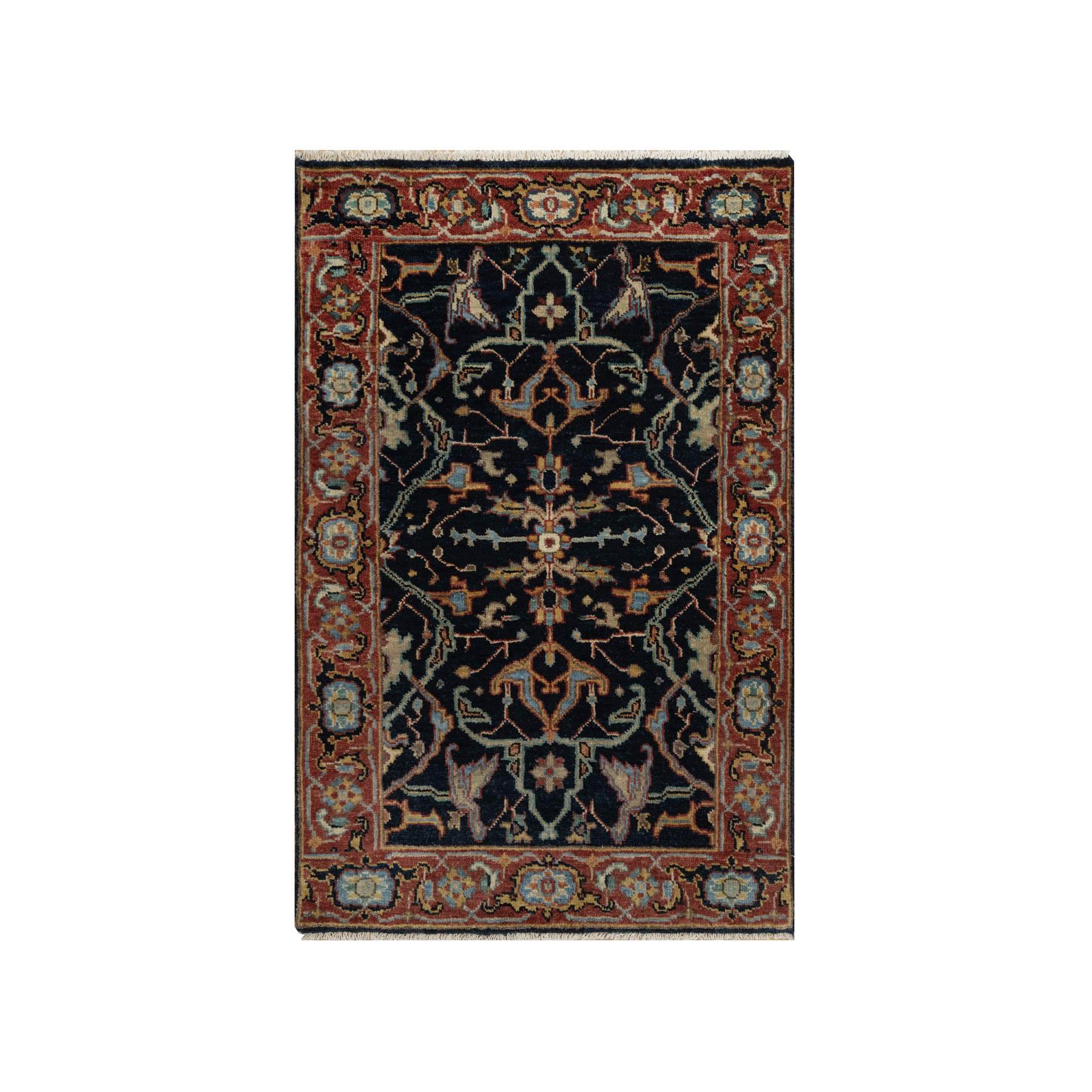 2'x3'2" Midnight Blue, Antiqued Fine Heriz Re-Creation with All Over Vines Design, Hand Knotted, Hand Spun New Zealand Wool, Vegetable Dyes, Mat, Sample, Oriental Rug HR91486