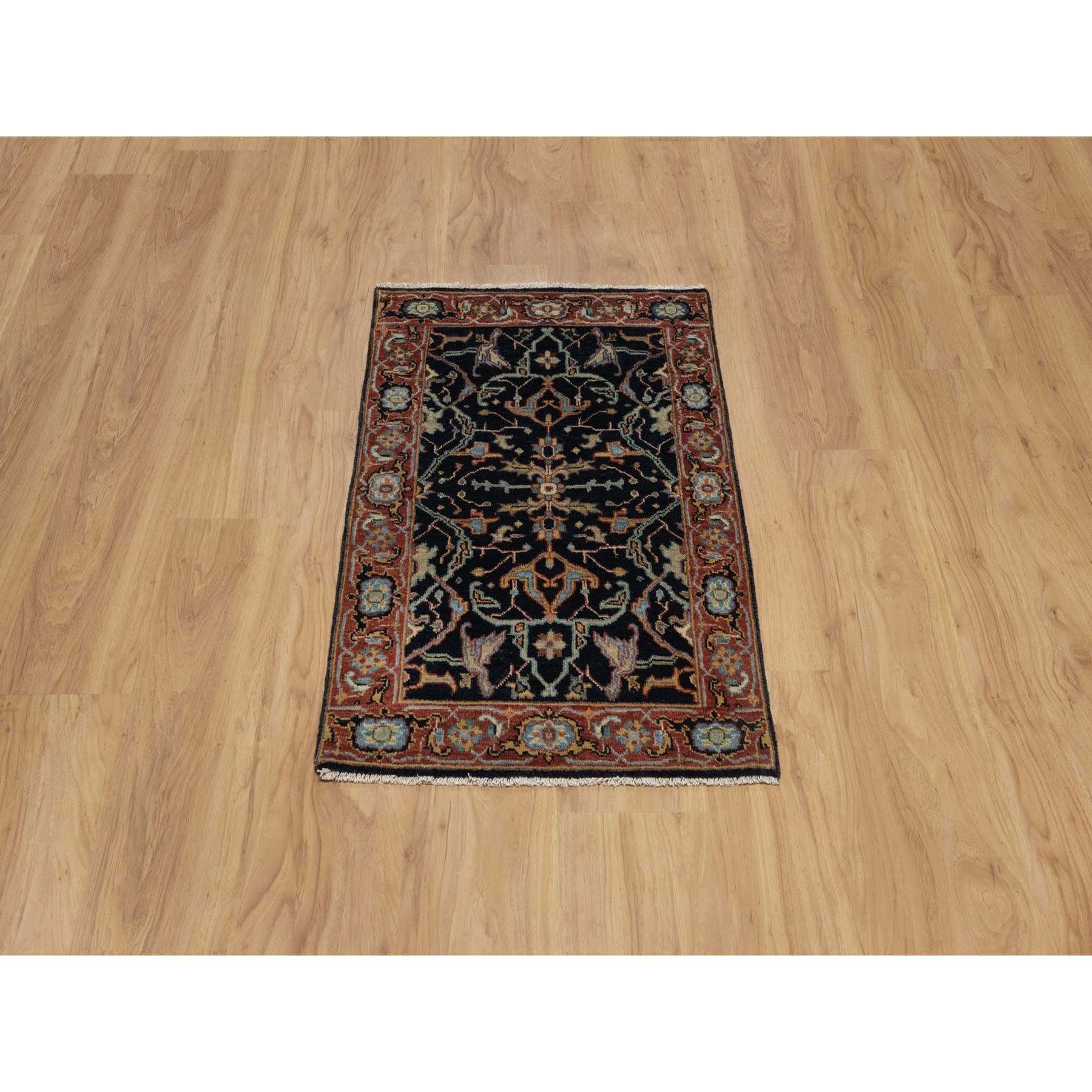 2'x3'2" Midnight Blue, Antiqued Fine Heriz Re-Creation with All Over Vines Design, Hand Knotted, Hand Spun New Zealand Wool, Vegetable Dyes, Mat, Sample, Oriental Rug HR91486 - Image 2