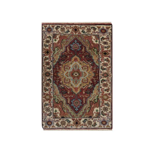 2'1"x3' Brick Red, Antiqued Fine Heriz Re-Creation, Medallion Design, Hand Knotted, Soft Pile, Hand Spun New Zealand Wool, Vegetable Dyes, Mat, Sample, Oriental Rug HR91493