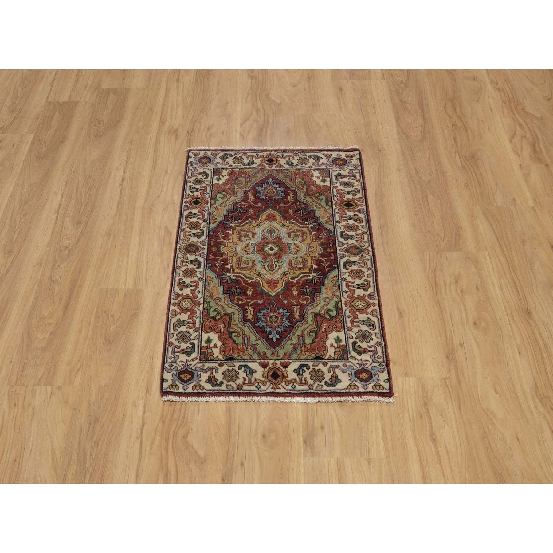 2'1"x3' Brick Red, Antiqued Fine Heriz Re-Creation, Medallion Design, Hand Knotted, Soft Pile, Hand Spun New Zealand Wool, Vegetable Dyes, Mat, Sample, Oriental Rug HR91493 - Image 2
