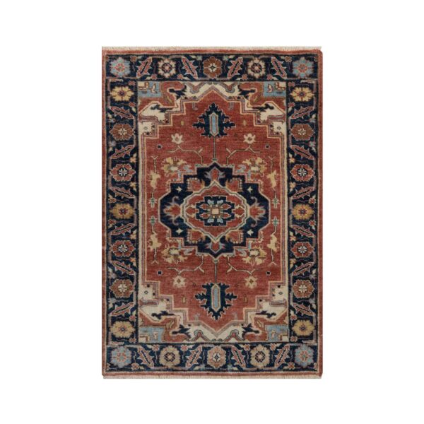 2'1"x3'2" Brick Red, Antiqued Fine Heriz Re-Creation, Medallion Design, Hand Knotted, Soft Pile, Hand Spun New Zealand Wool, Vegetable Dyes, Mat, Sample, Oriental Rug HR91496