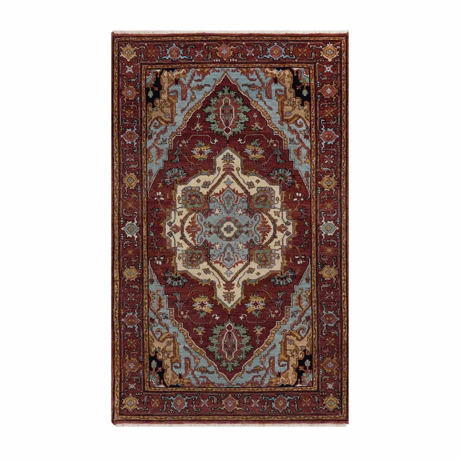 3'x5' Brick Red, Antiqued Fine Heriz Re-Creation, Medallion Design, Hand Knotted, Soft Pile, Hand Spun New Zealand Wool, Vegetable Dyes, Oriental Rug HR91497