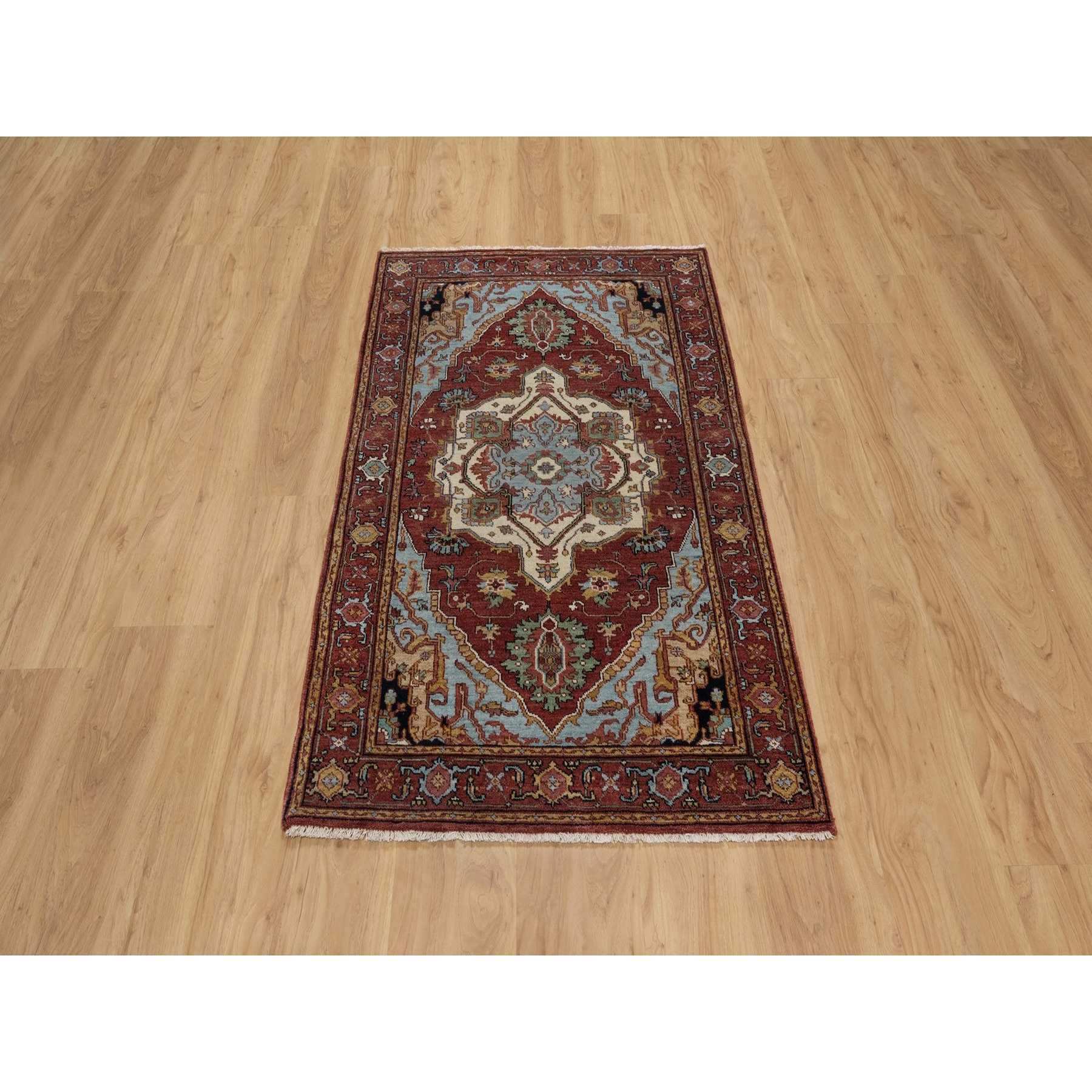 3'x5' Brick Red, Antiqued Fine Heriz Re-Creation, Medallion Design, Hand Knotted, Soft Pile, Hand Spun New Zealand Wool, Vegetable Dyes, Oriental Rug HR91497 - Image 2