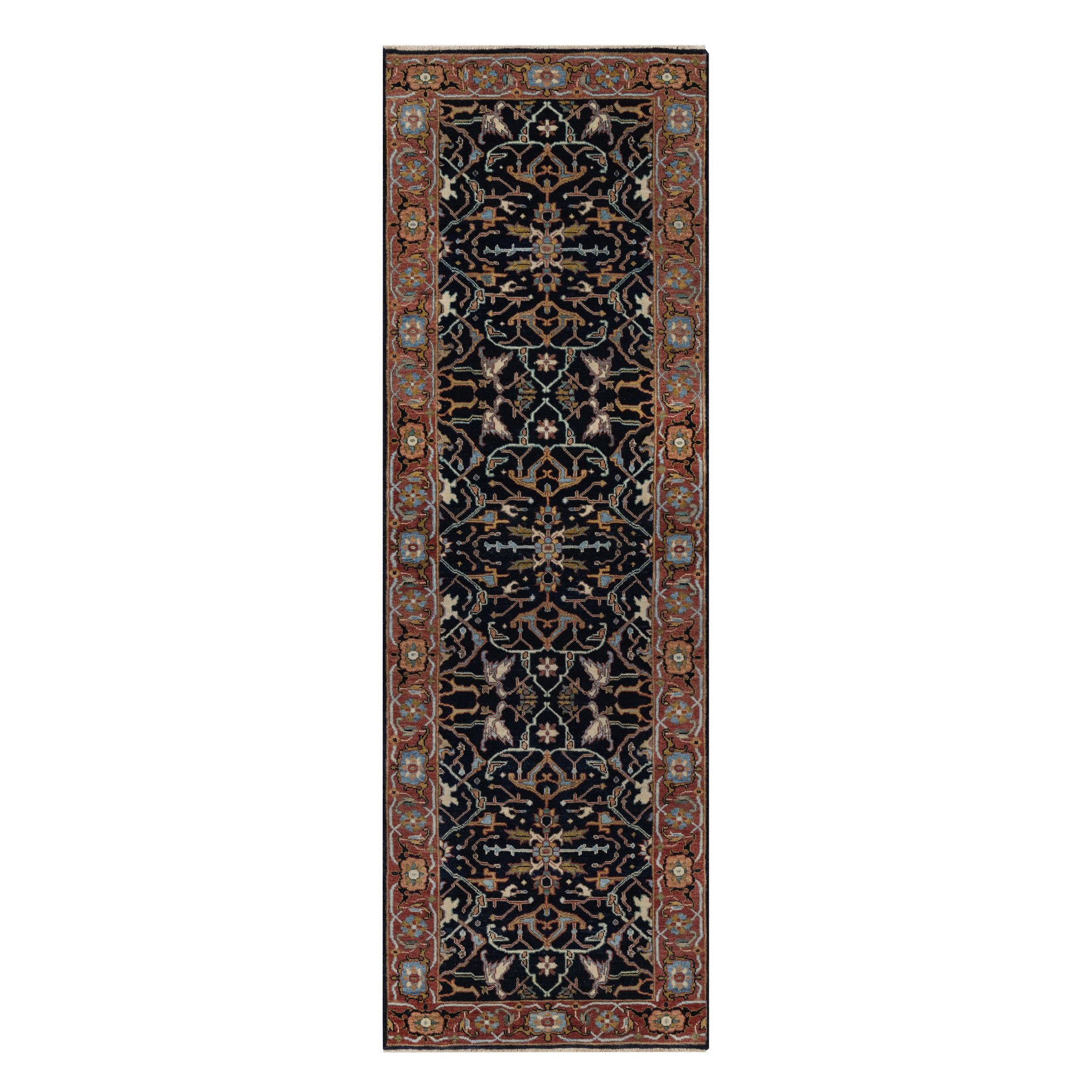 2'7"x8'1" Caviar Blue, Antiqued Fine Heriz Re-Creation with All Over Vines Design, Hand Spun New Zealand Wool, Hand Knotted, Vegetable Dyes, Runner, Oriental Rug HR91501