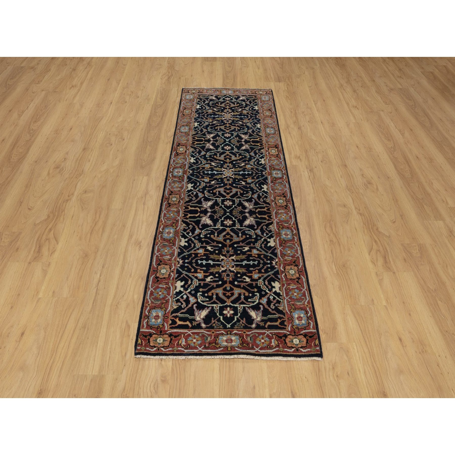 2'7"x8'1" Caviar Blue, Antiqued Fine Heriz Re-Creation with All Over Vines Design, Hand Spun New Zealand Wool, Hand Knotted, Vegetable Dyes, Runner, Oriental Rug HR91501 - Image 2