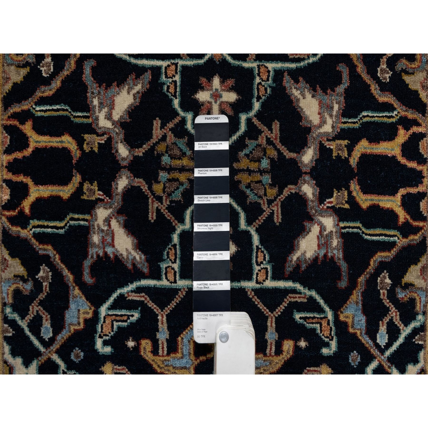 2'7"x8'1" Caviar Blue, Antiqued Fine Heriz Re-Creation with All Over Vines Design, Hand Spun New Zealand Wool, Hand Knotted, Vegetable Dyes, Runner, Oriental Rug HR91501 - Image 4