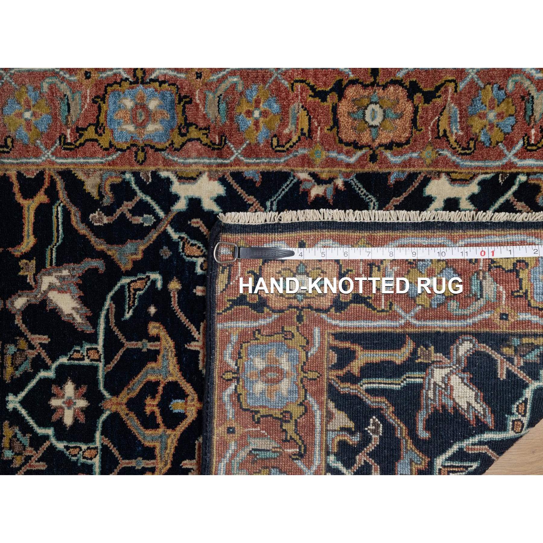 2'7"x8'1" Caviar Blue, Antiqued Fine Heriz Re-Creation with All Over Vines Design, Hand Spun New Zealand Wool, Hand Knotted, Vegetable Dyes, Runner, Oriental Rug HR91501 - Image 8