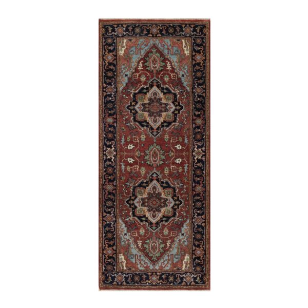 2'6"x6'2" Brick Red, Antiqued Fine Heriz Re-Creation, Hand Knotted, Hand Spun New Zealand Wool, Soft Pile, Vegetable Dyes, Denser Weave, Runner, Oriental Rug HR91502