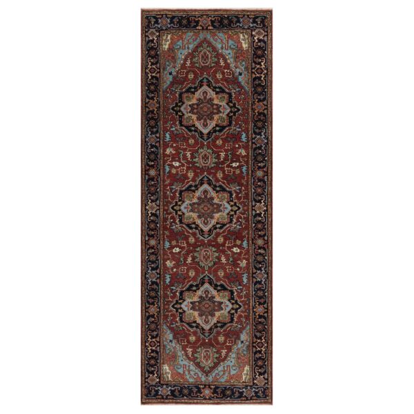 2'8"x8'1" Ochre Red, Denser Weave, Antiqued Fine Heriz Re-Creation, Hand Knotted, Hand Spun New Zealand Wool, Soft Pile, Vegetable Dyes, Runner, Oriental Rug HR91504