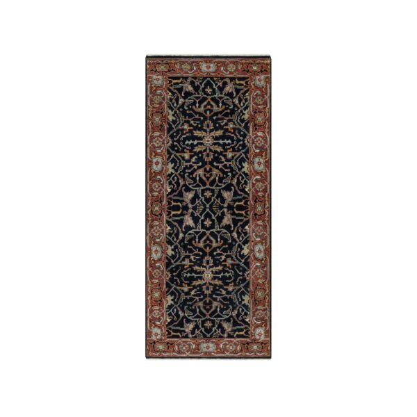 2'7"x6'2" Midnight Blue, Antiqued Fine Heriz Re-Creation with All Over Vines Design, Hand Knotted, Hand Spun New Zealand Wool, Vegetable Dyes, Runner, Oriental Rug HR91506