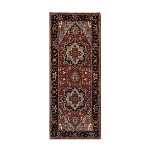 2'6"x6'3" Auburn Red, Antiqued Fine Heriz Re-Creation, Hand Knotted, Hand Spun New Zealand Wool, Soft Pile, Vegetable Dyes, Denser Weave, Runner, Oriental Rug HR91507