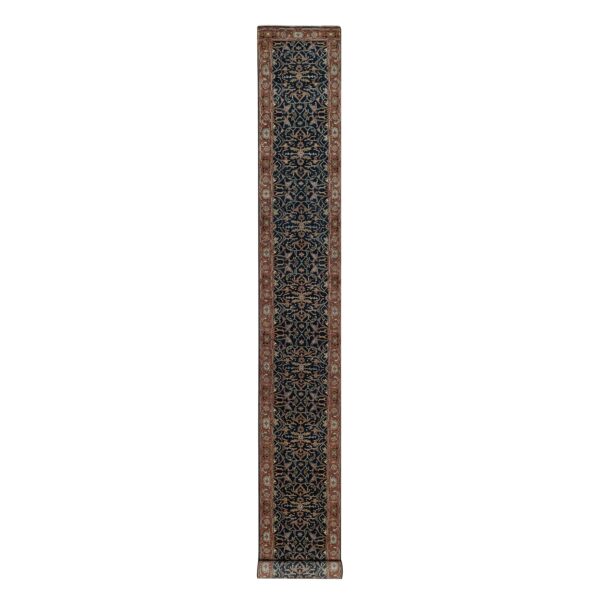 2'6"x20'1" Midnight Blue, Hand Knotted, Antiqued Fine Heriz Re-Creation with All Over Vines Design, Hand Spun New Zealand Wool, Soft Pile, Vegetable Dyes, XL Runner, Oriental Rug HR91512