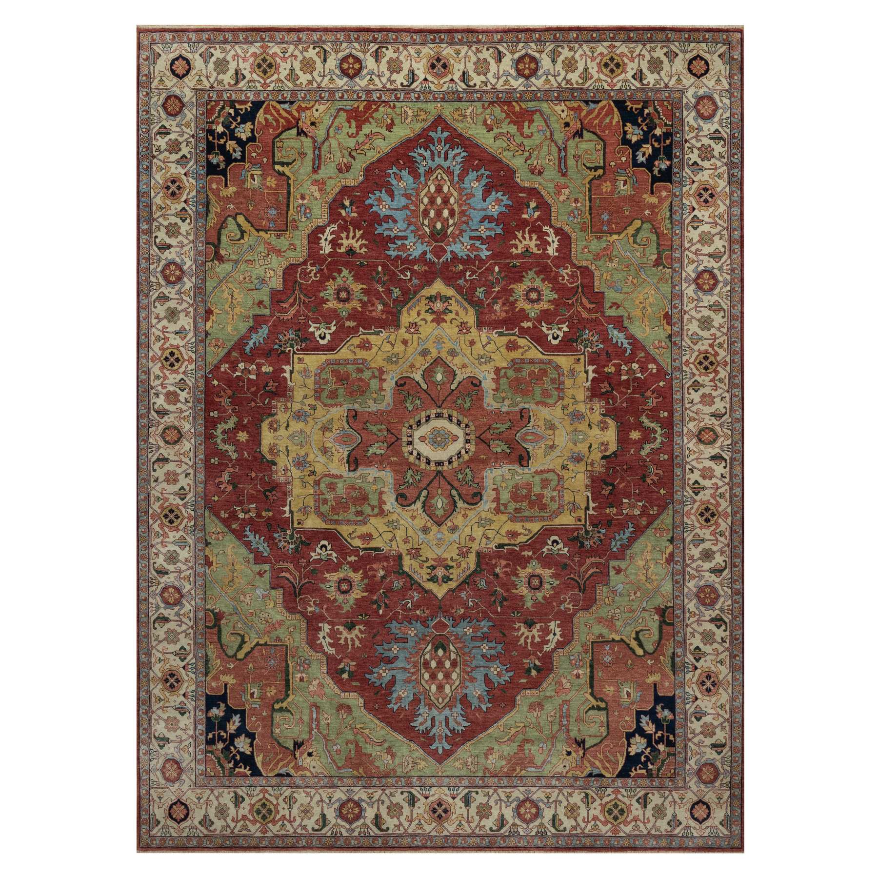 9'x12'1" Barn Red, Antiqued Fine Heriz Re-Creation, Medallion Design, Hand Knotted, Soft Pile, Hand Spun New Zealand Wool, Vegetable Dyes, Oriental Rug HR91516