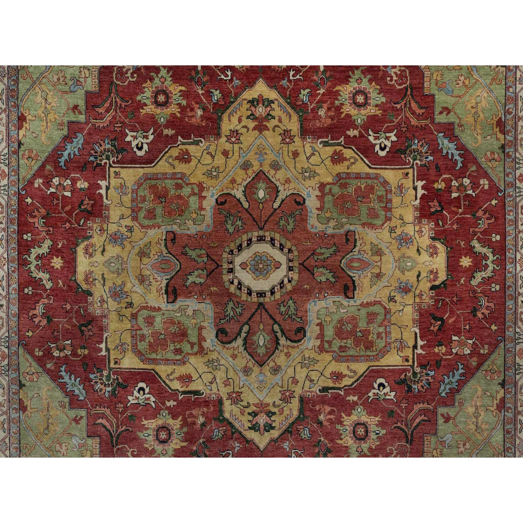 9'x12'1" Barn Red, Antiqued Fine Heriz Re-Creation, Medallion Design, Hand Knotted, Soft Pile, Hand Spun New Zealand Wool, Vegetable Dyes, Oriental Rug HR91516 - Image 8