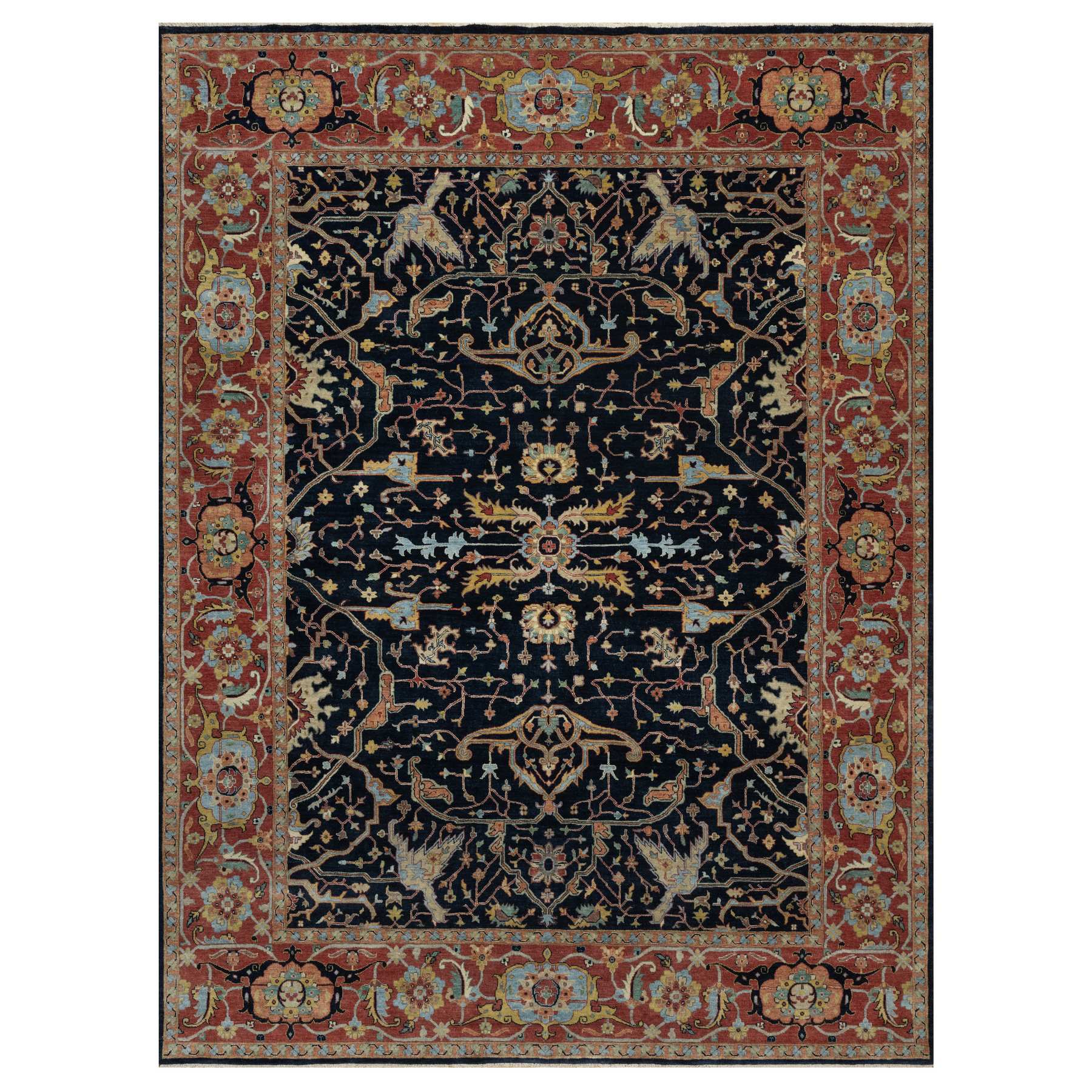 9'x12'1" Caviar Blue, Antiqued Fine Heriz Re-Creation with All Over Vines Design, Soft Pile, Hand Spun New Zealand Wool, Hand Knotted, Vegetable Dyes, Oriental Rug HR91517