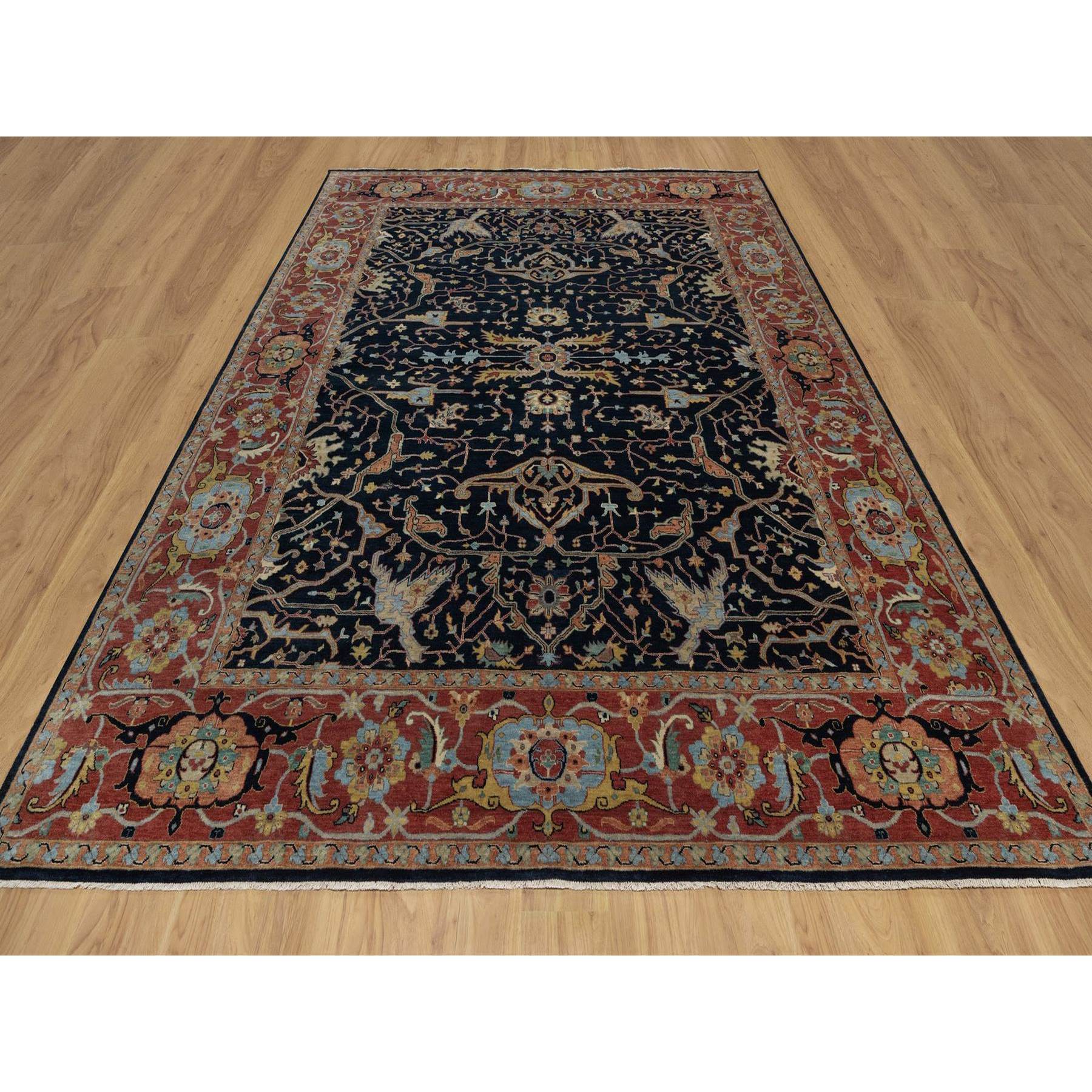9'x12'1" Caviar Blue, Antiqued Fine Heriz Re-Creation with All Over Vines Design, Soft Pile, Hand Spun New Zealand Wool, Hand Knotted, Vegetable Dyes, Oriental Rug HR91517 - Image 2