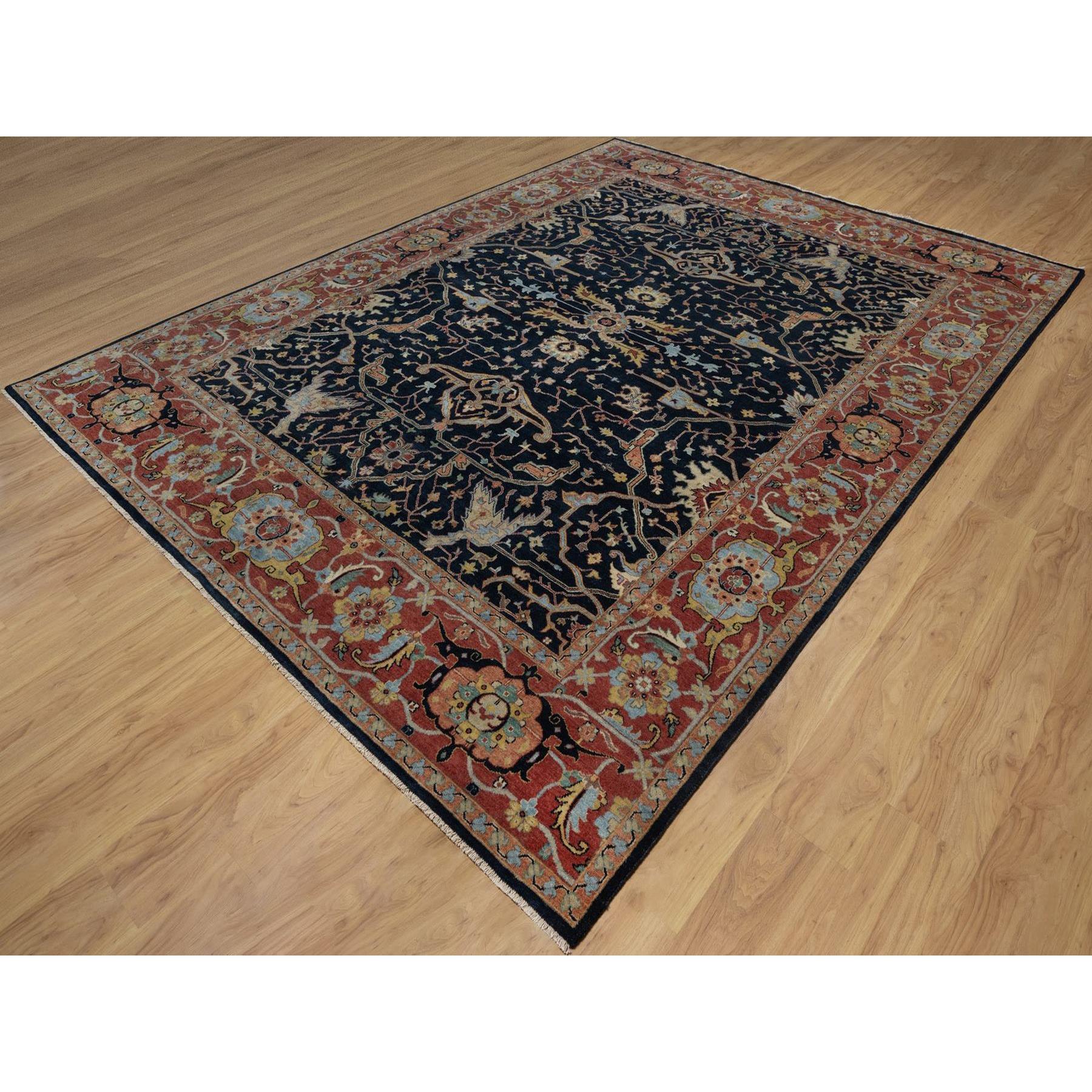 9'x12'1" Caviar Blue, Antiqued Fine Heriz Re-Creation with All Over Vines Design, Soft Pile, Hand Spun New Zealand Wool, Hand Knotted, Vegetable Dyes, Oriental Rug HR91517 - Image 3