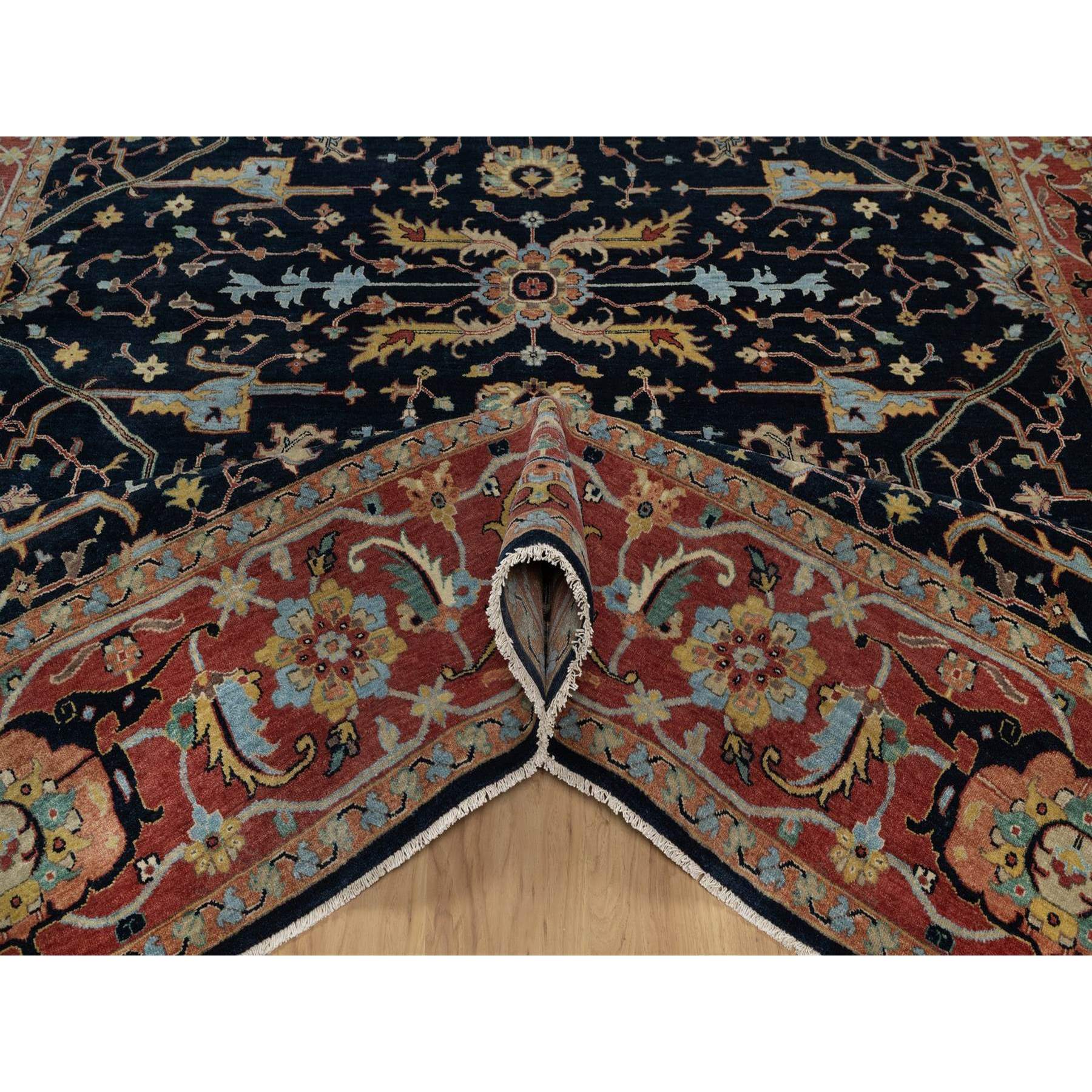 9'x12'1" Caviar Blue, Antiqued Fine Heriz Re-Creation with All Over Vines Design, Soft Pile, Hand Spun New Zealand Wool, Hand Knotted, Vegetable Dyes, Oriental Rug HR91517 - Image 5