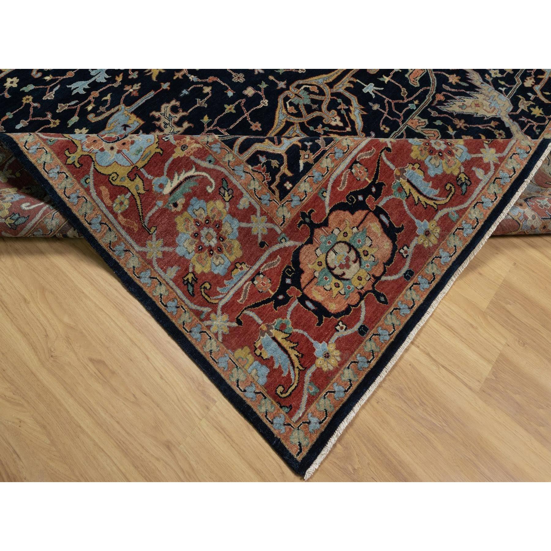 9'x12'1" Caviar Blue, Antiqued Fine Heriz Re-Creation with All Over Vines Design, Soft Pile, Hand Spun New Zealand Wool, Hand Knotted, Vegetable Dyes, Oriental Rug HR91517 - Image 6