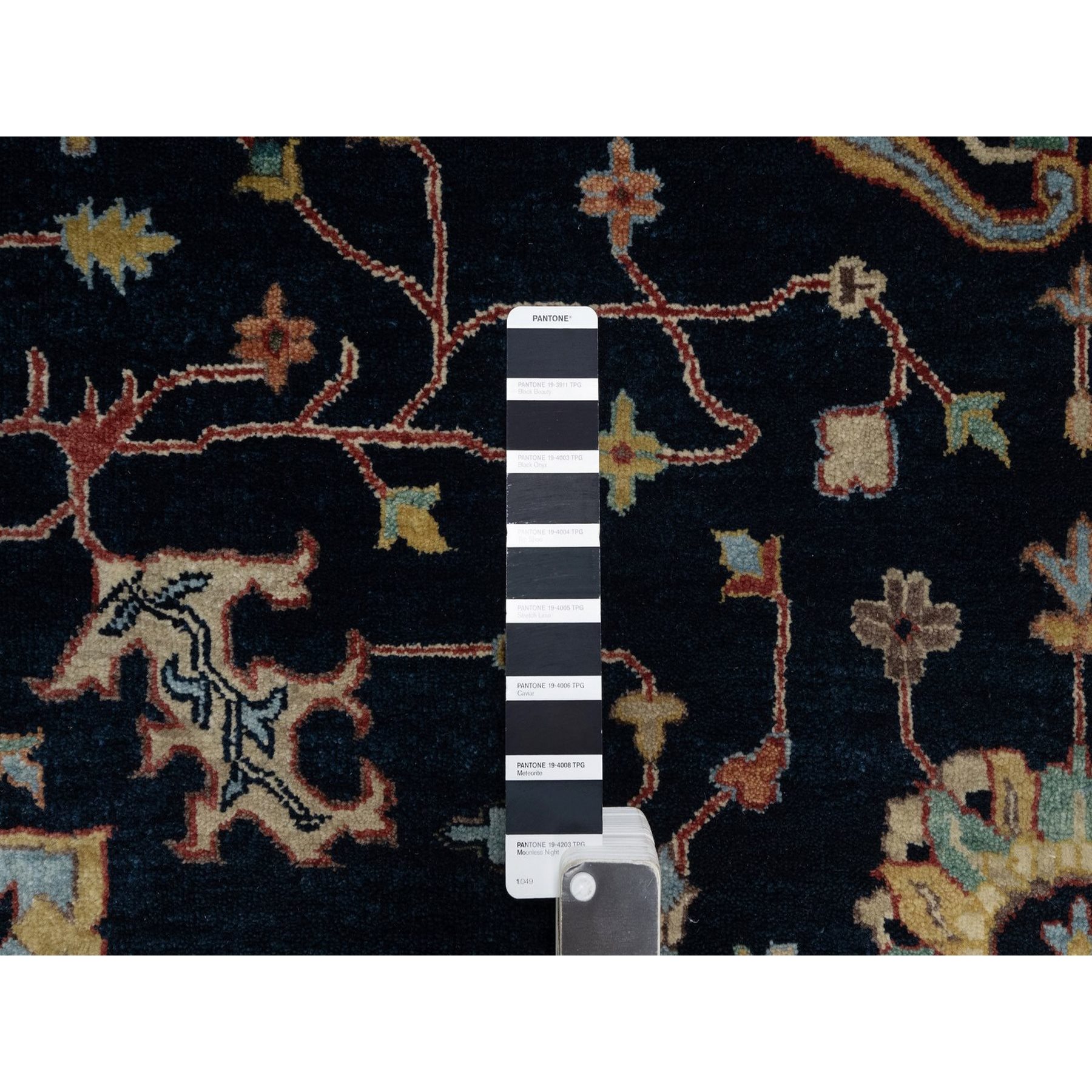 9'x12'1" Caviar Blue, Antiqued Fine Heriz Re-Creation with All Over Vines Design, Soft Pile, Hand Spun New Zealand Wool, Hand Knotted, Vegetable Dyes, Oriental Rug HR91517 - Image 7