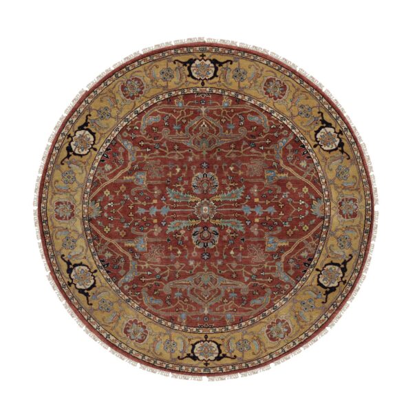 6'2"x6'2" Barn Red, Antiqued Fine Heriz Re-Creation with All Over Vines Design, Hand Knotted, Hand Spun New Zealand Wool, Soft Pile, Vegetable Dyes, Round, Oriental Rug HR91521