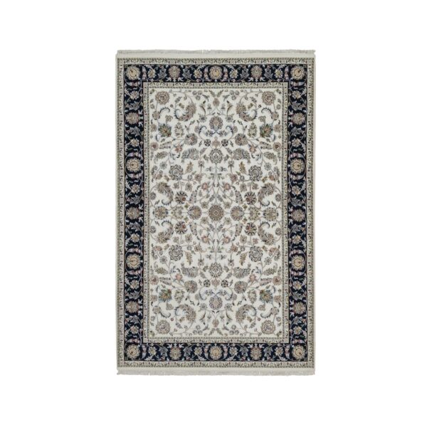 5'9"x9'2" Swan White, Wool and Silk, Nain with All Over Flower Design, Soft Pile, 250 KPSI, Hand Knotted, Oriental Rug HR91525