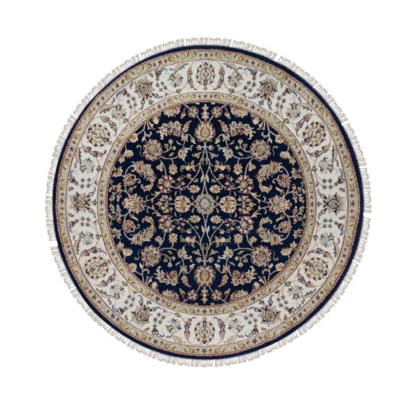 5'x5' Midnight Blue, Nain with All Over Flower Design, Wool and Silk, Soft Pile, 250 KPSI, Hand Knotted, Round, Oriental Rug HR91557