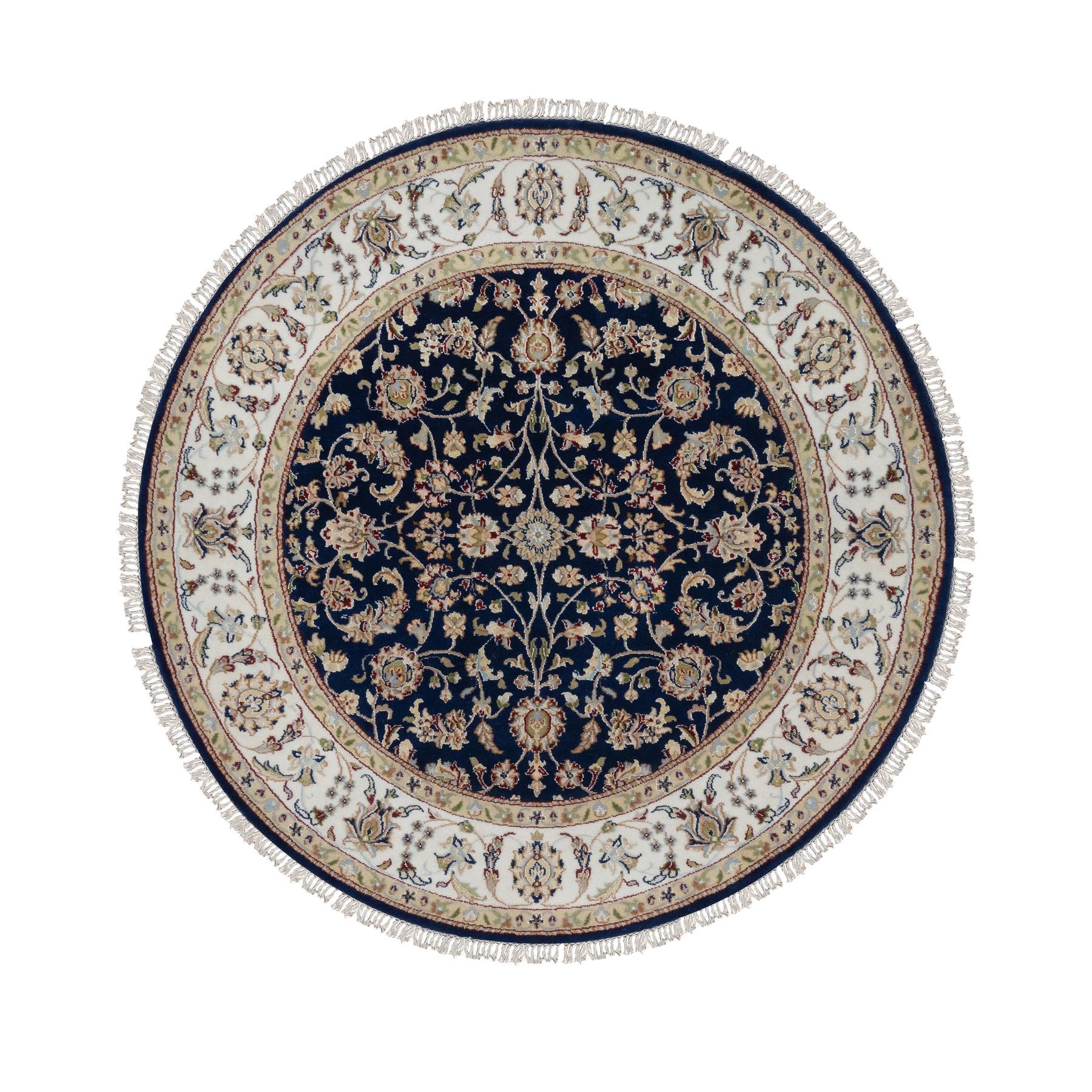 5'x5' Midnight Blue, Nain with All Over Flower Design, Wool and Silk, Soft Pile, 250 KPSI, Hand Knotted, Round, Oriental Rug HR91557