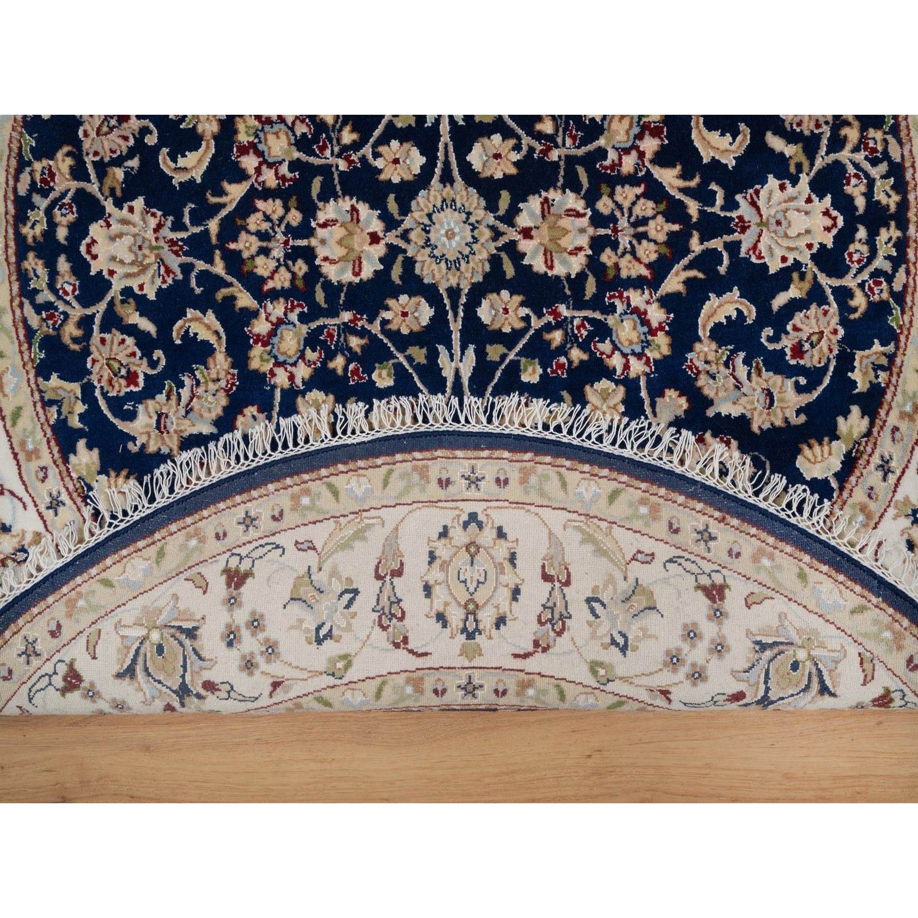 5'x5' Midnight Blue, Nain with All Over Flower Design, Wool and Silk, Soft Pile, 250 KPSI, Hand Knotted, Round, Oriental Rug HR91557 - Image 3