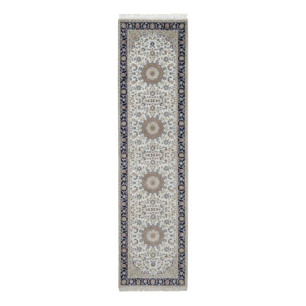 2'8"x10'3" Daisy White, Nain with Flower Medallion Design, 250 KPSI, Soft Pile, Wool and Silk, Hand Knotted, Runner, Oriental Rug HR91559