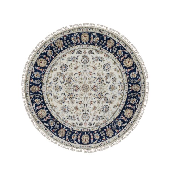 5'x5' Pristine White, Wool and Silk, Nain with All Over Floral Pattern, Soft Pile, 250 KPSI, Hand Knotted, Round, Oriental Rug HR91560