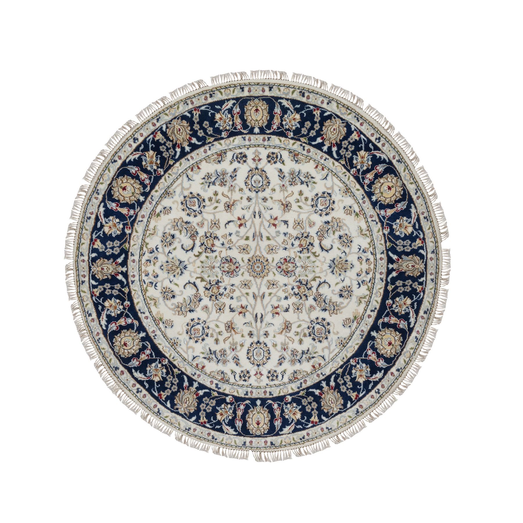 5'x5' Pristine White, Wool and Silk, Nain with All Over Floral Pattern, Soft Pile, 250 KPSI, Hand Knotted, Round, Oriental Rug HR91560