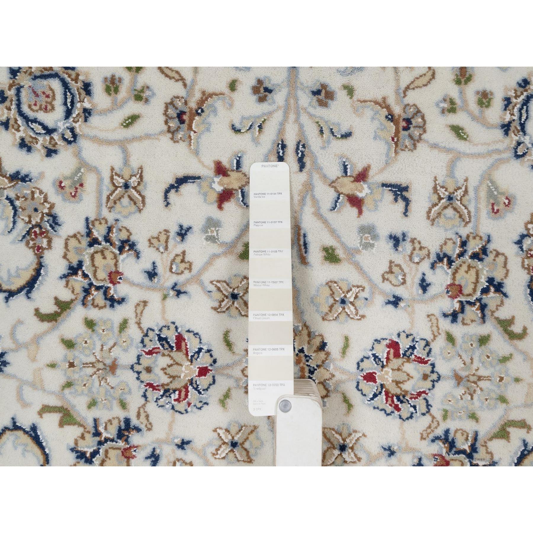 5'x5' Pristine White, Wool and Silk, Nain with All Over Floral Pattern, Soft Pile, 250 KPSI, Hand Knotted, Round, Oriental Rug HR91560 - Image 4