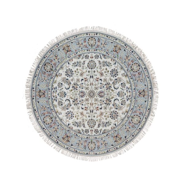 5'1"x5'1" Vista White, Wool and Silk, Nain with All Over Flower Design, 250 KPSI, Hand Knotted, Soft Pile, Round, Oriental Rug HR91563