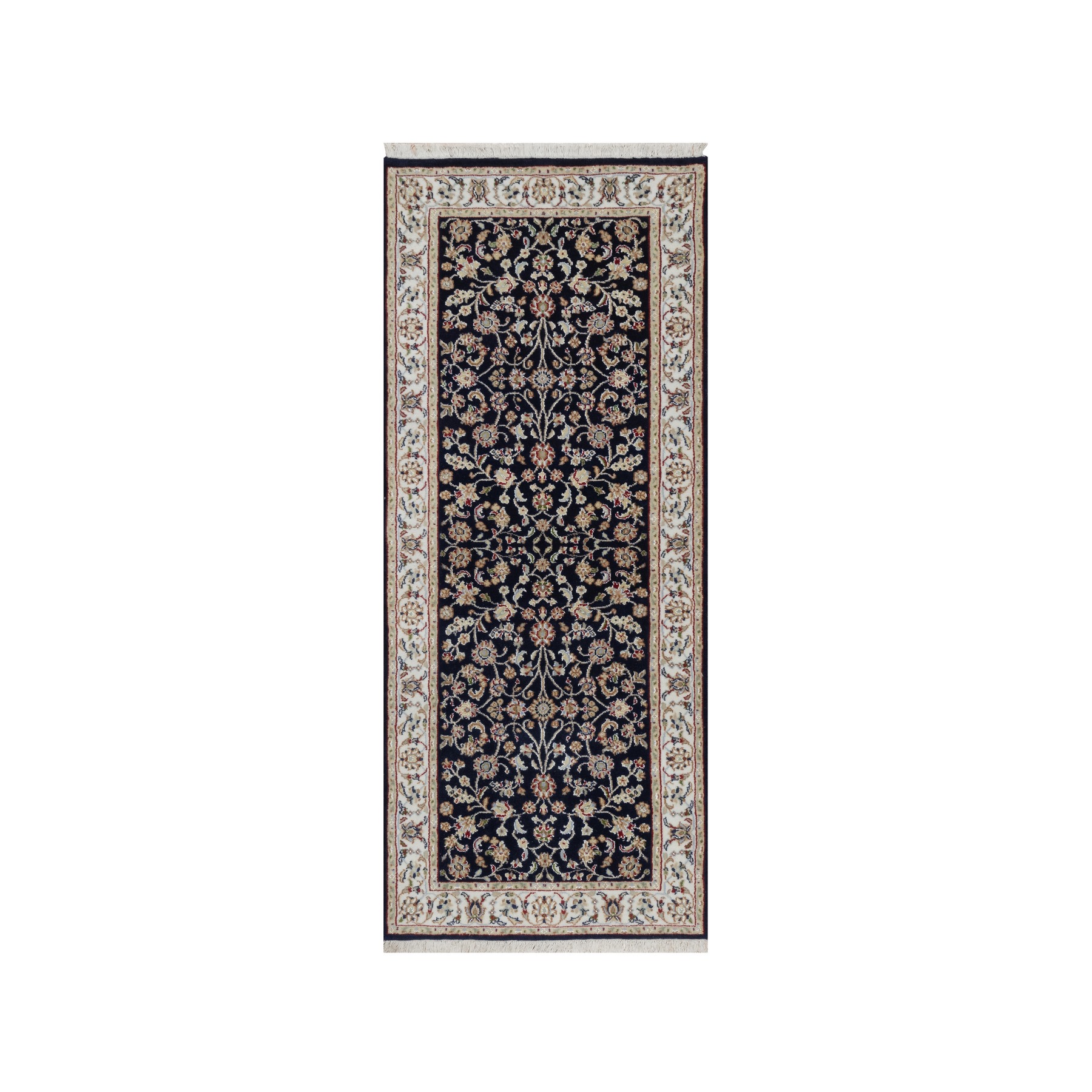 2'7"x6'4" Midnight Blue, Nain with All Over Vines Design, Soft Pile, Wool and Silk, 250 KPSI, Hand Knotted, Runner, Oriental Rug HR91578