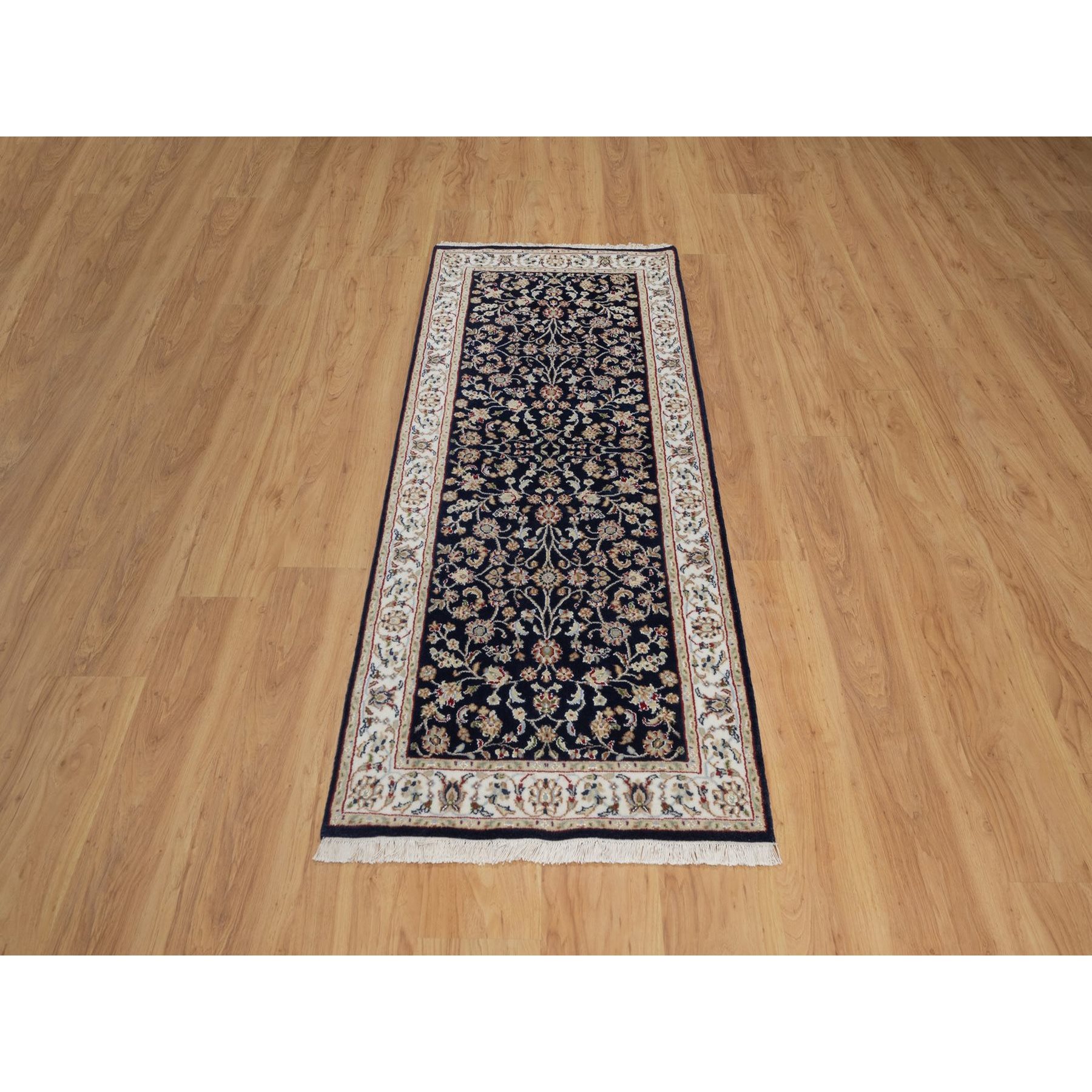 2'7"x6'4" Midnight Blue, Nain with All Over Vines Design, Soft Pile, Wool and Silk, 250 KPSI, Hand Knotted, Runner, Oriental Rug HR91578 - Image 2