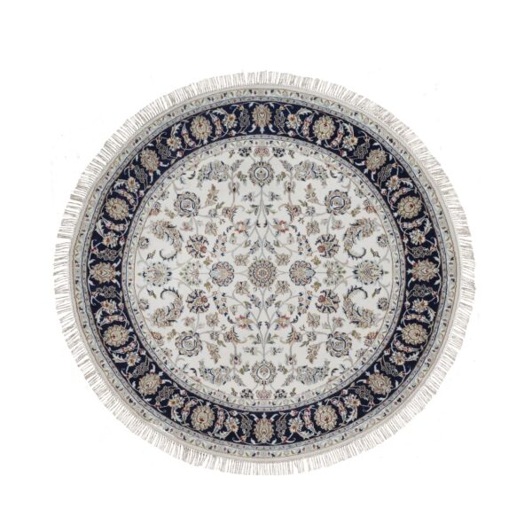 6'2"x6'2" Daisy White, 250 KPSI, Nain with All Over Flower Design, Wool and Silk, Soft Pile, Hand Knotted, Round, Oriental Rug HR91581