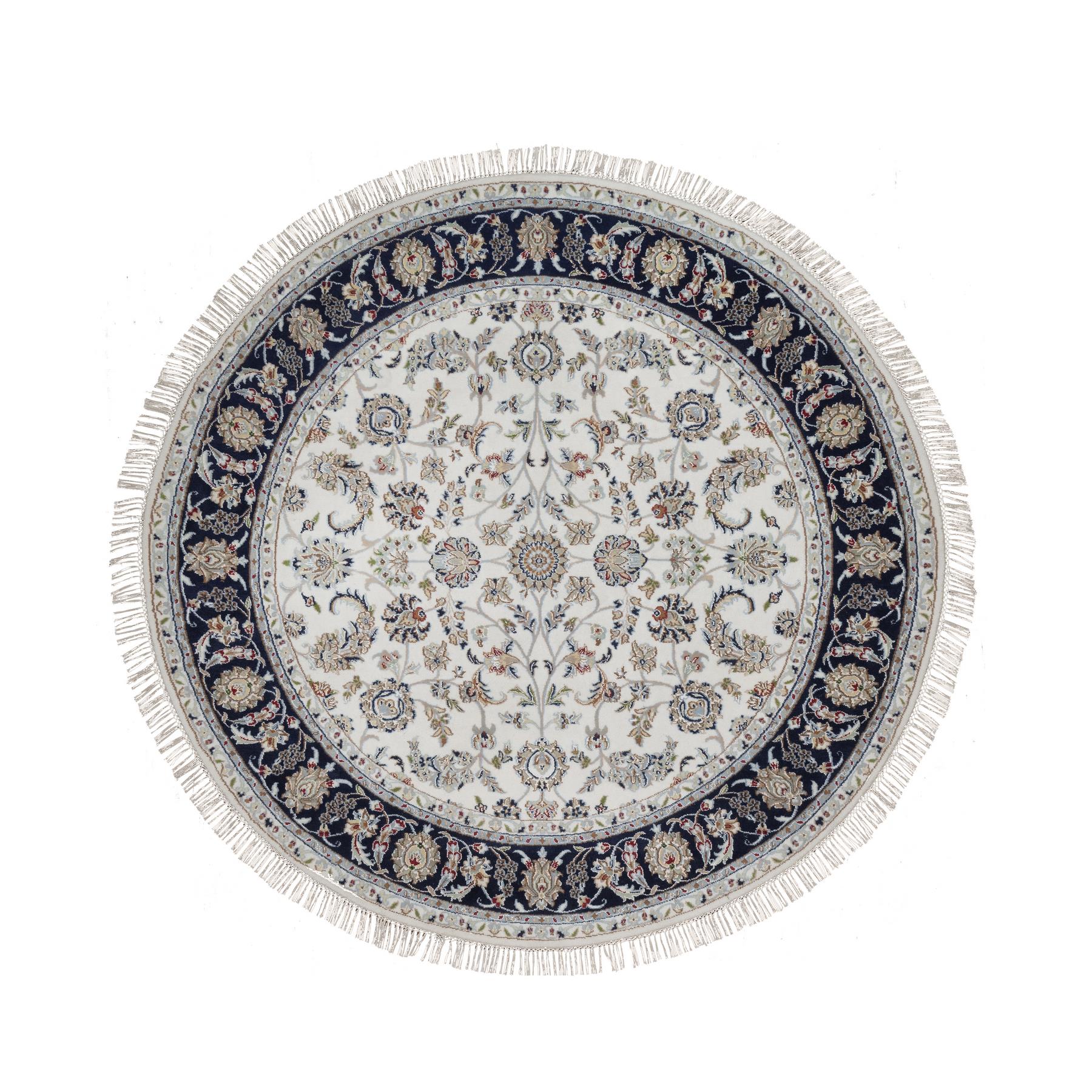 6'2"x6'2" Daisy White, 250 KPSI, Nain with All Over Flower Design, Wool and Silk, Soft Pile, Hand Knotted, Round, Oriental Rug HR91581