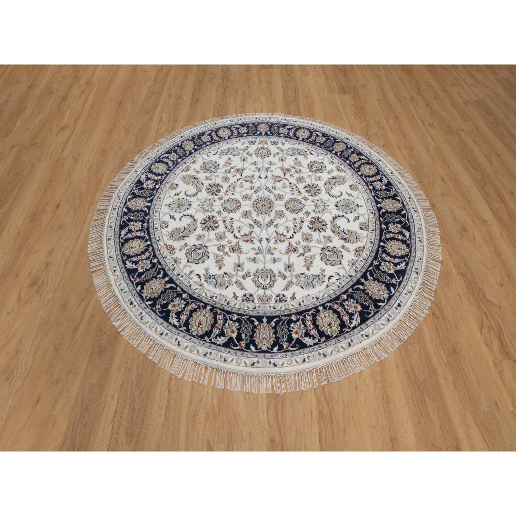 6'2"x6'2" Daisy White, 250 KPSI, Nain with All Over Flower Design, Wool and Silk, Soft Pile, Hand Knotted, Round, Oriental Rug HR91581 - Image 2