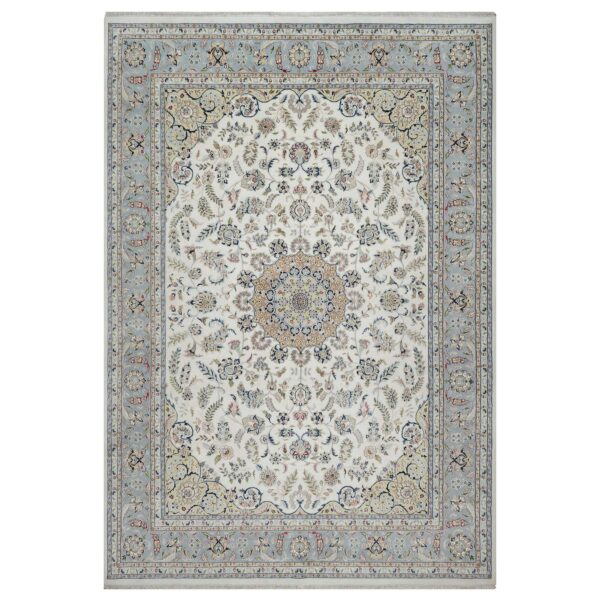 9'9"x14'1" Pearl White, Wool and Silk, Nain with Flower Medallion Design, 250 KPSI, Soft Pile, Hand Knotted, Oriental Rug HR91603