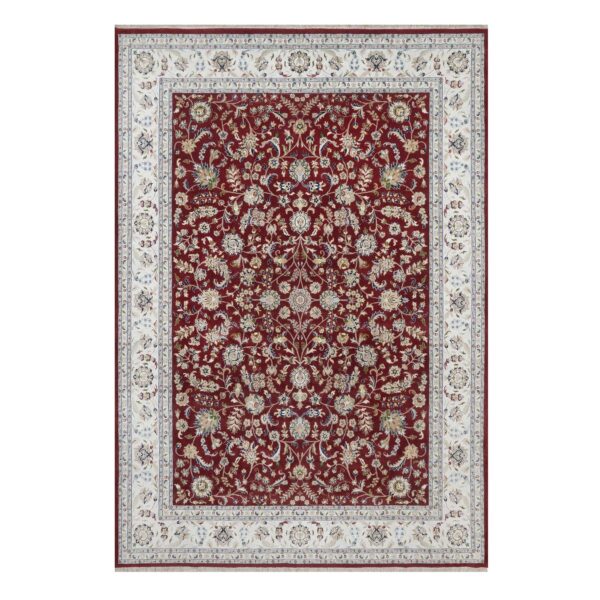 9'9"x14' Ruby Red, Nain with All Over Flower Pattern, 250 KPSI, Hand Knotted, Wool and Silk, Soft Pile, Oriental Rug HR91609
