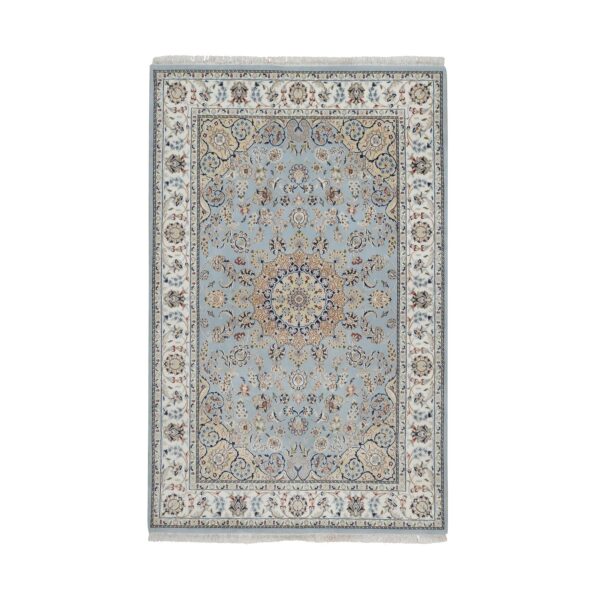 6'x9'2" Pigeon Blue, Nain with Flower Medallion Design, 250 KPSI, Wool and Silk, Hand Knotted, Soft Pile, Oriental Rug HR91611